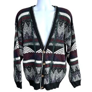 Vintage 90s‎ Michael Gerald Grandpa Cardigan Sweater Size M Geometric Chunky